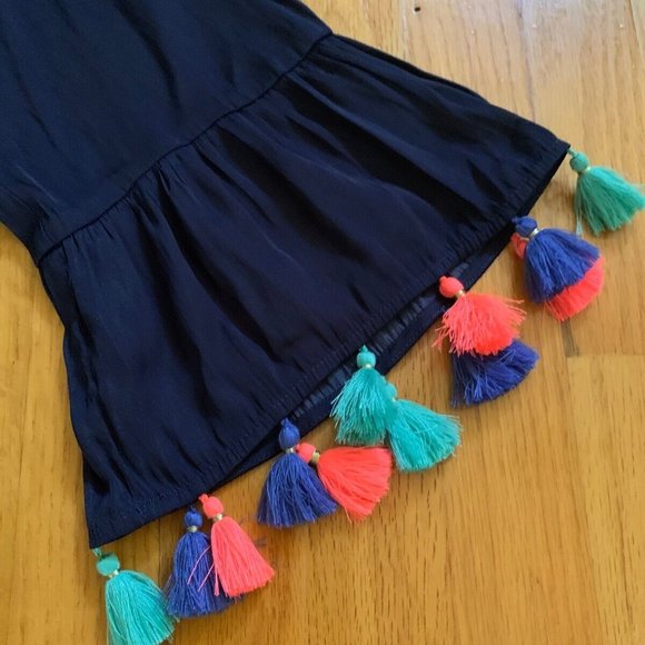 NWT * Lilly Pulitzer Amerie Romper XL Navy Blue Off Shoulder Tassels 1 Sleeve - Picture 6 of 7